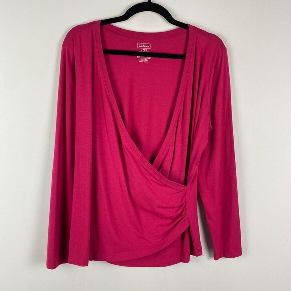 LL Bean Supima Cotton Blend Wrap Blouse Size Petite L Pink Long Sleeve V Neck - Picture 1 of 9